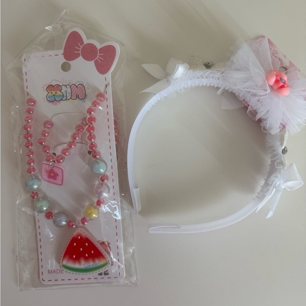 Kids Pink and White Headband and Necklace Set